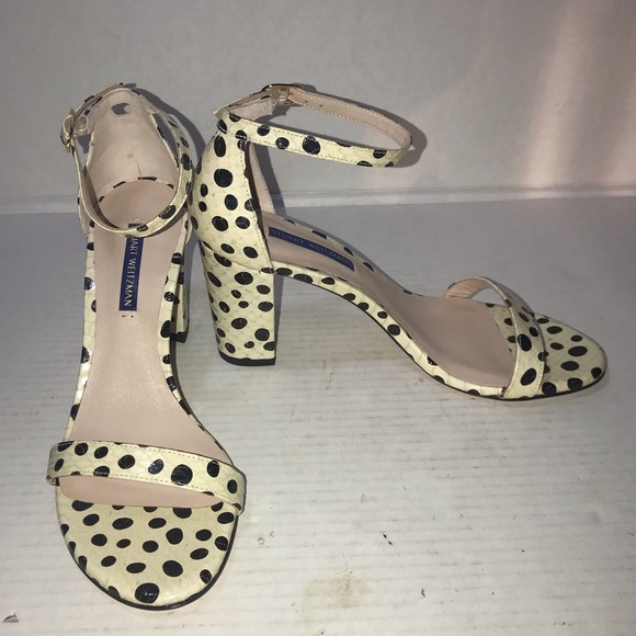 NWOB Stuart Weitzman Nearlynude Cream Dot Spotted Snake Ankle Strap Heels Sz 8 - Picture 1 of 11